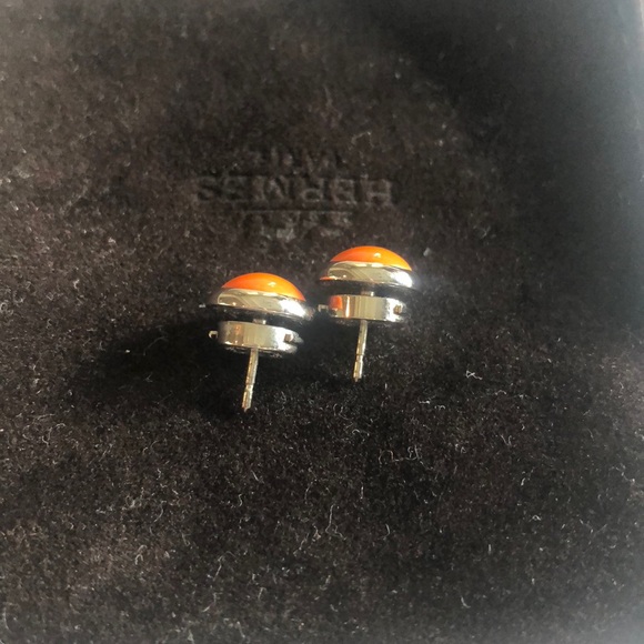 💯 Authentic Hermes Post Earrings Orange with New Backs - Picture 12 of 14